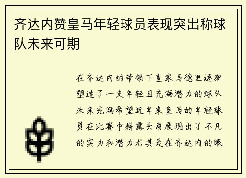 齐达内赞皇马年轻球员表现突出称球队未来可期